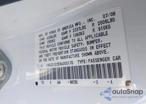 2009 Honda Accord 2.4 Lx-S z USA, uszkodzony, nr VIN 1HGCS12359A000170